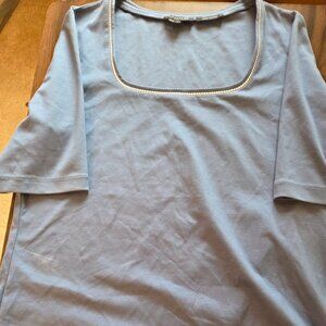 Layette 148 Swiss cotton square neckline light blue with white trim